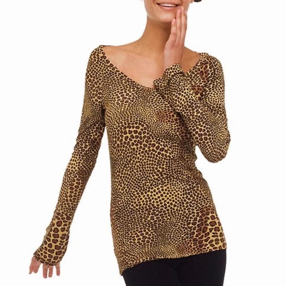 Norma Kamali Cocoa Animal Print Long Sleeve Stretch Scoop Top Large Leopard EUC